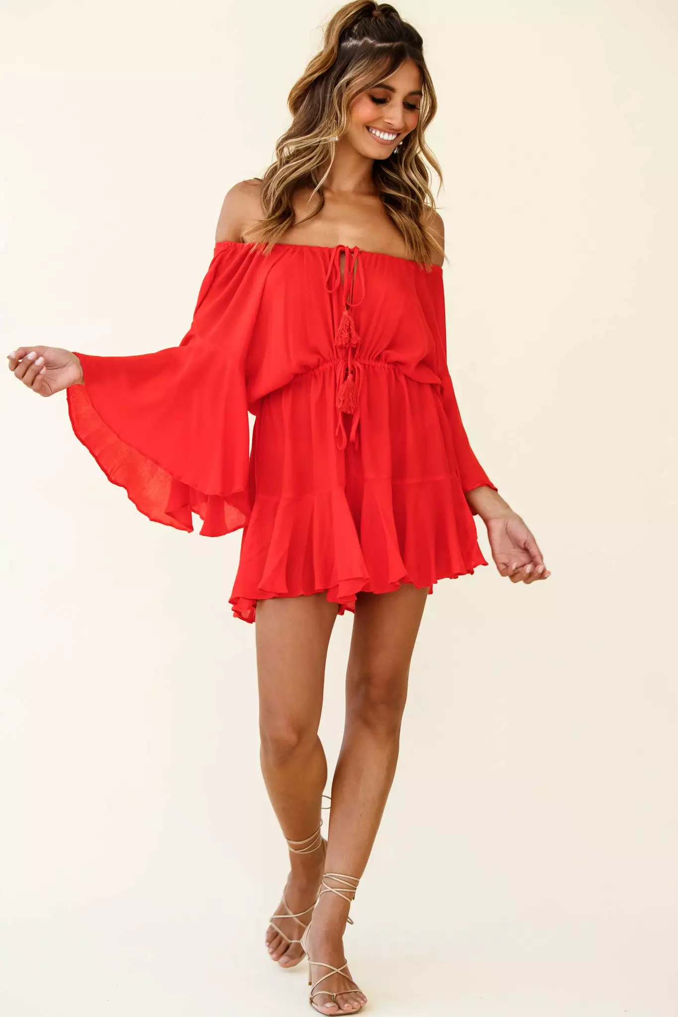 Selfie Leslie Fiona Drawstring Waist Romper Red - Image 5