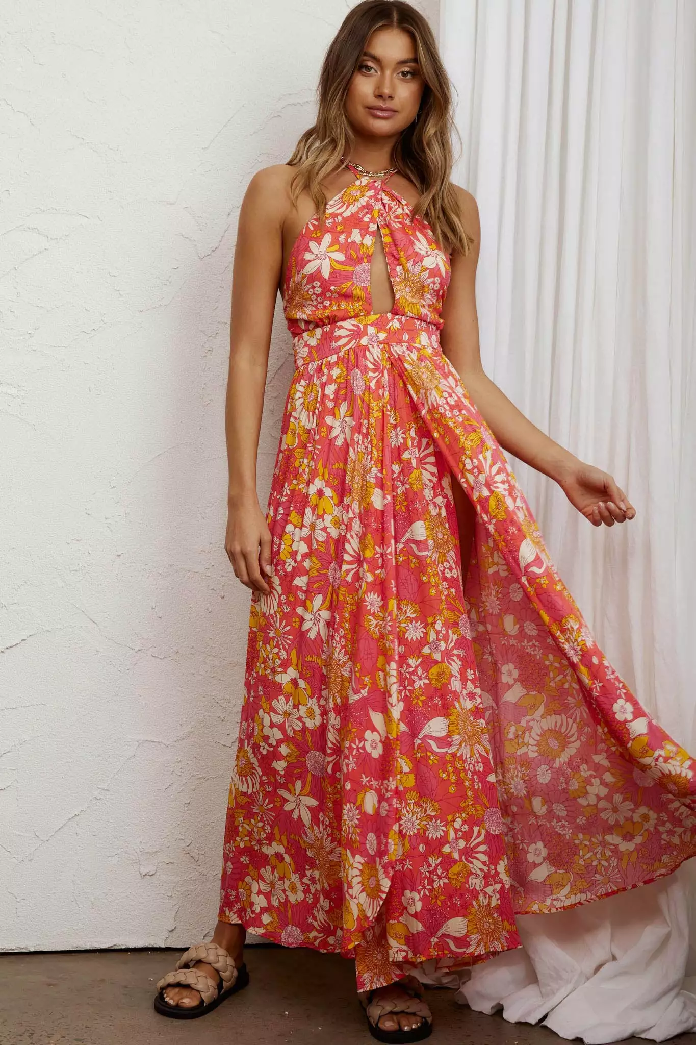 Athena High Split Maxi Dress Retro Floral Orange - Image 3