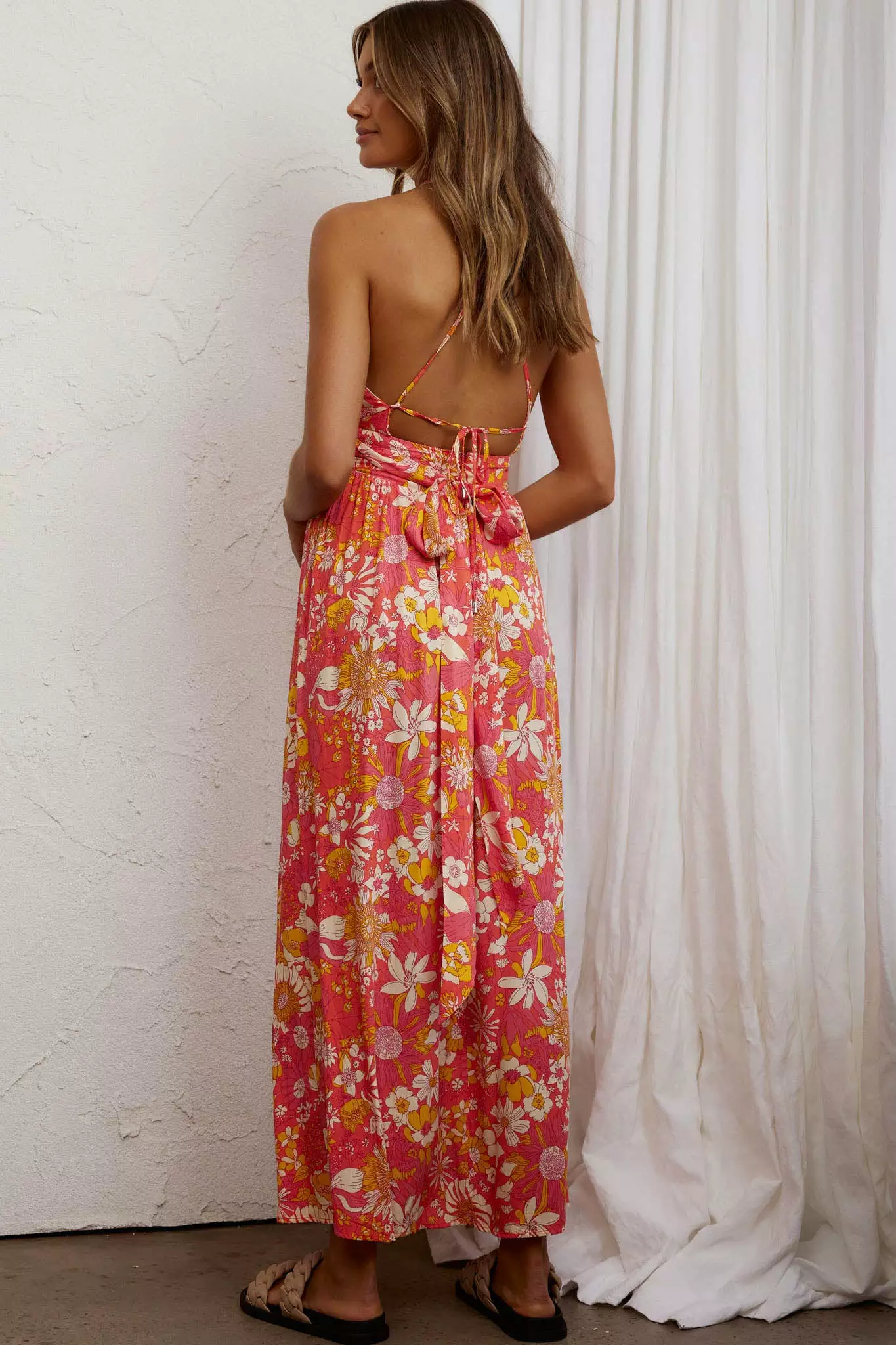 Athena High Split Maxi Dress Retro Floral Orange - Image 2