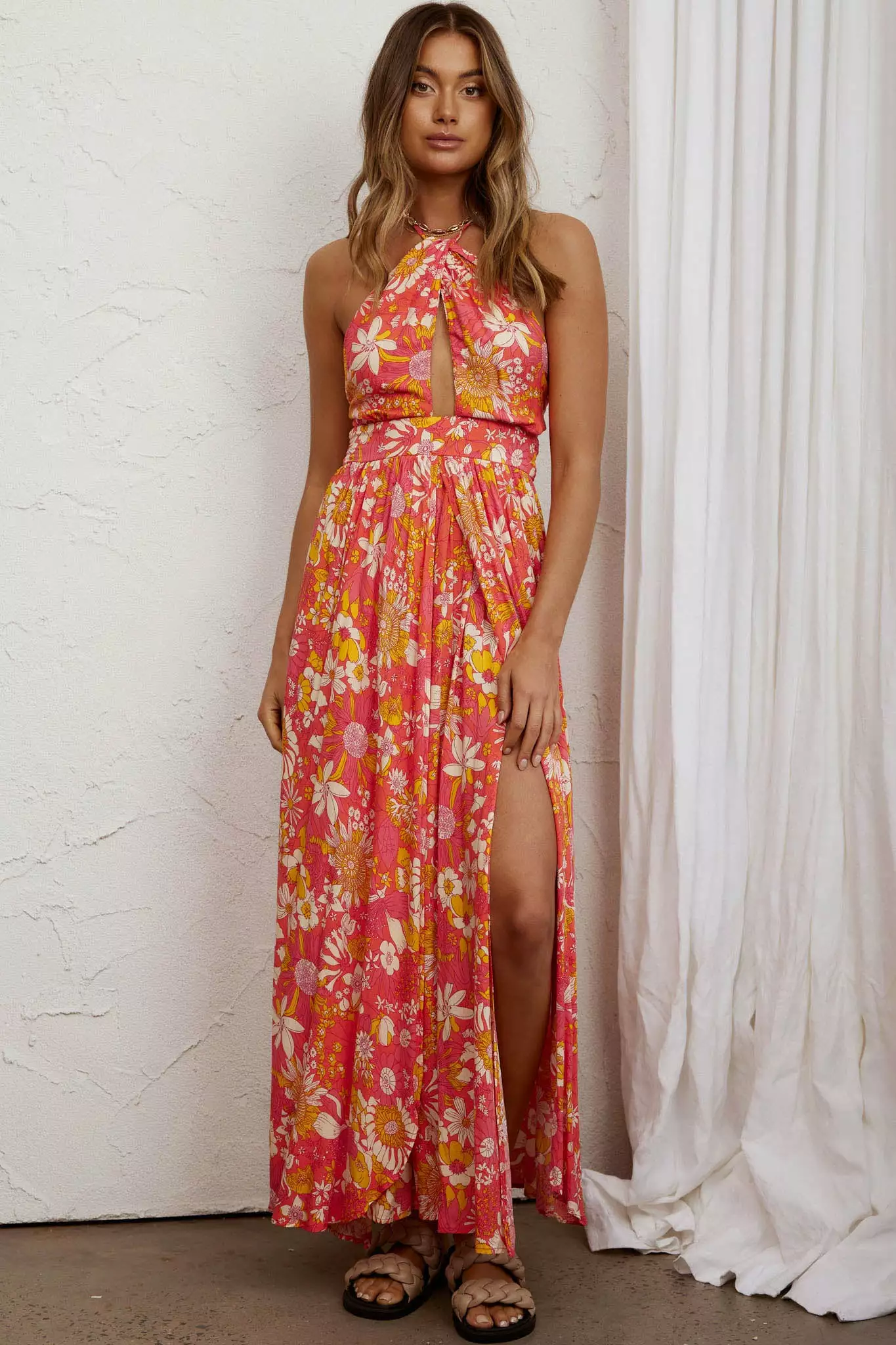 Athena High Split Maxi Dress Retro Floral Orange - Image 5