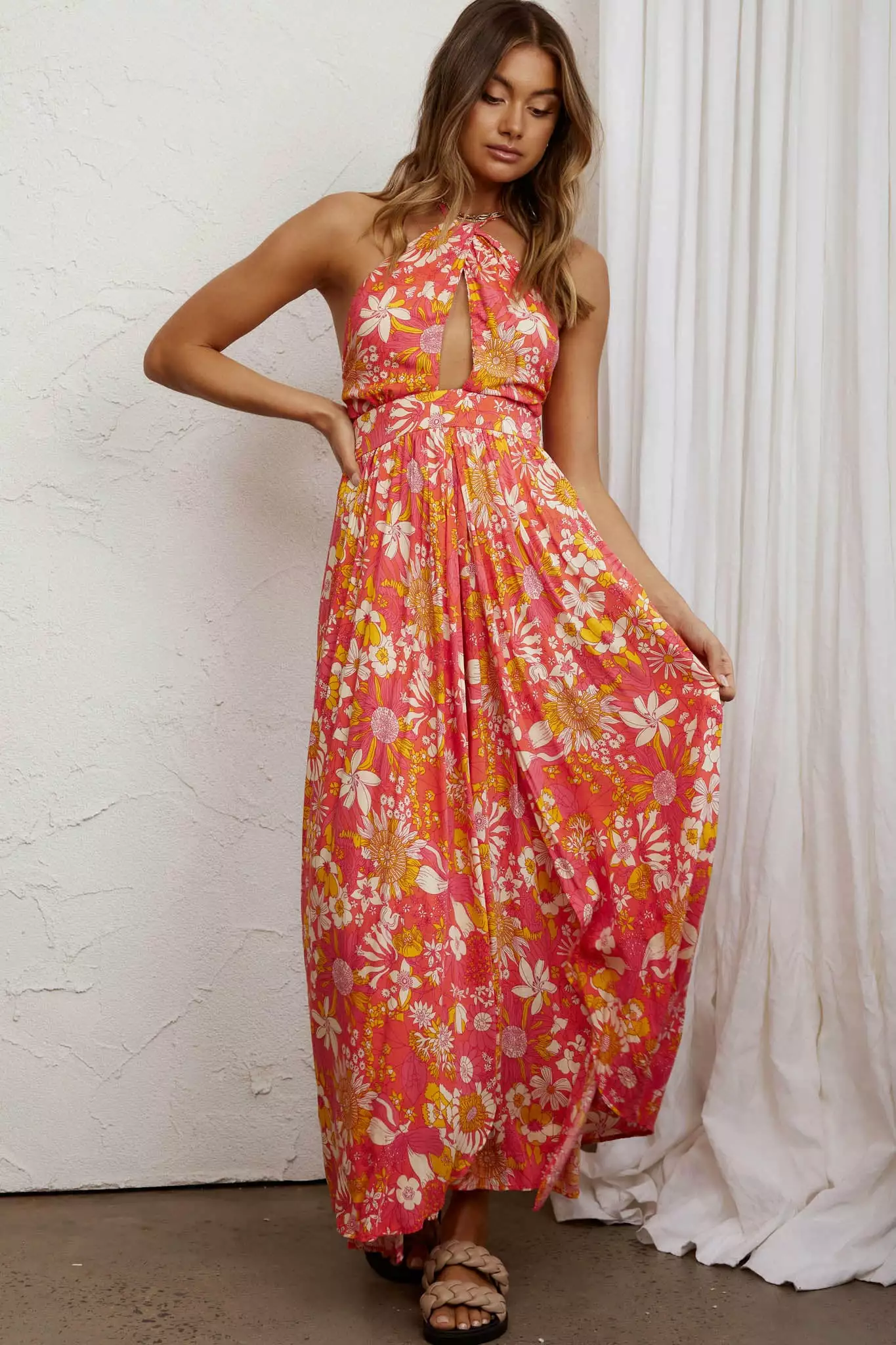 Athena High Split Maxi Dress Retro Floral Orange - Image 6