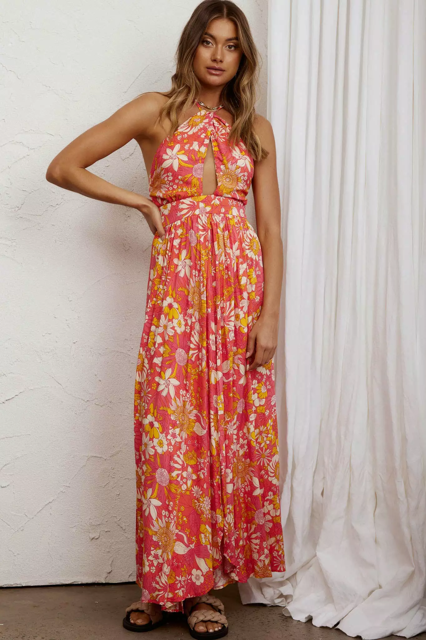 Athena High Split Maxi Dress Retro Floral Orange - Image 7