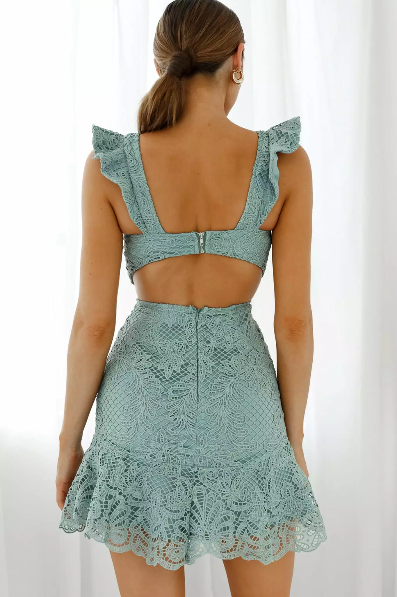 Selfie Leslie Jackie Pinafore Filigree Lace Dress Sage - Image 2