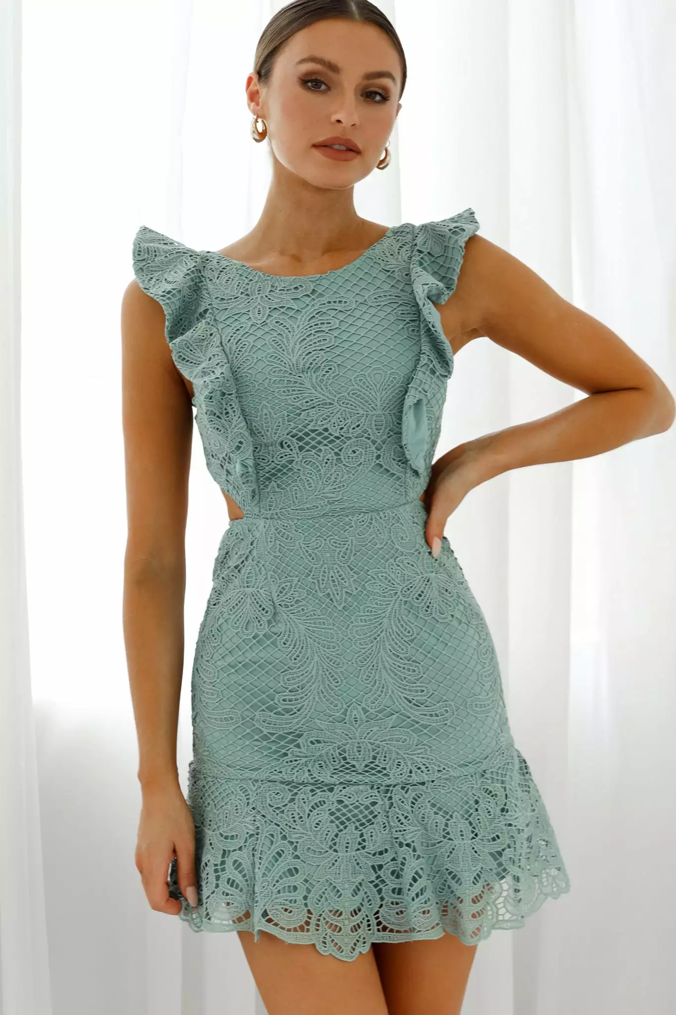 Selfie Leslie Jackie Pinafore Filigree Lace Dress Sage - Image 6