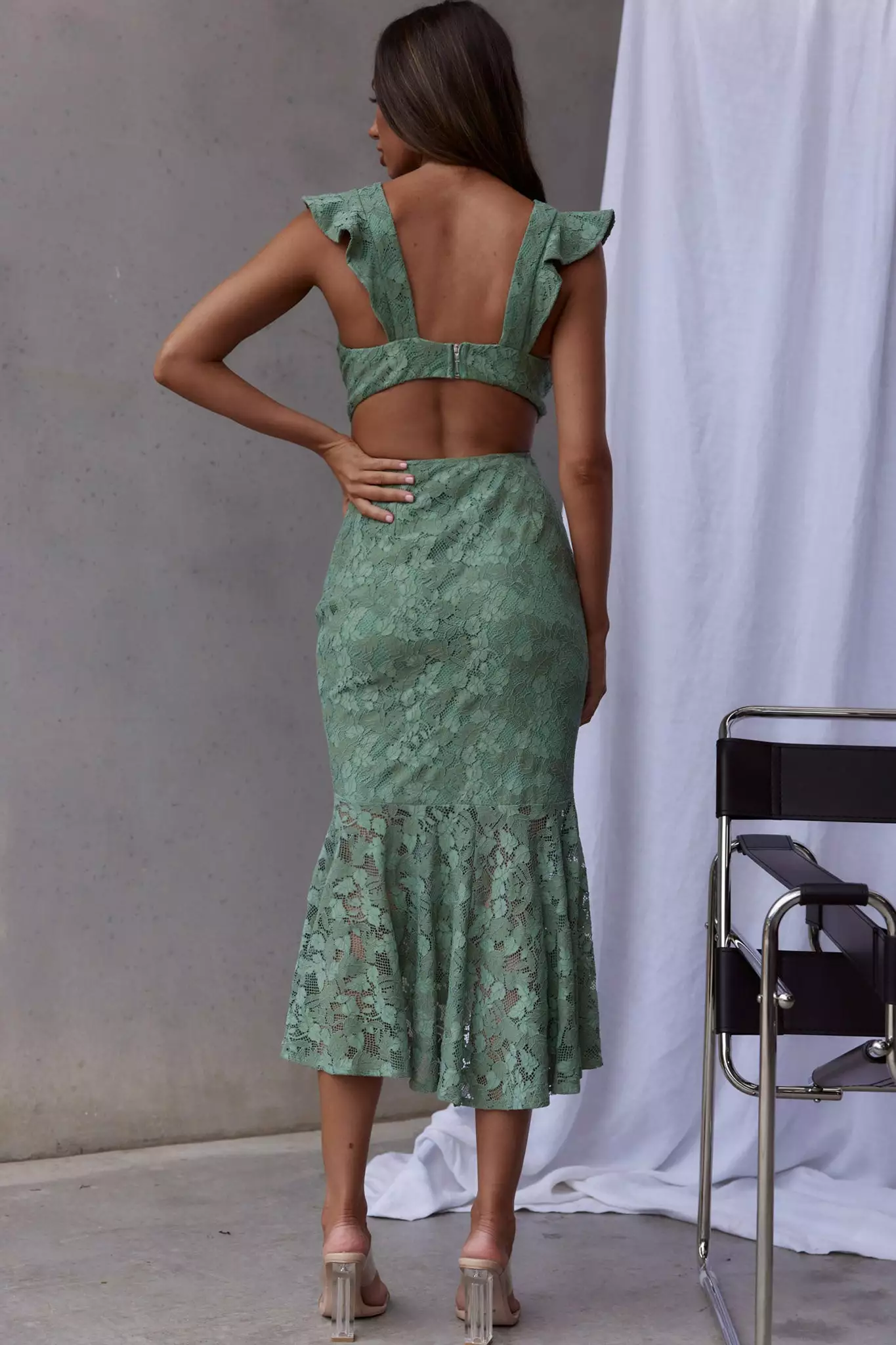 Selfie Leslie Jackie Pinafore Floral Lace Dress Avocado - Image 2