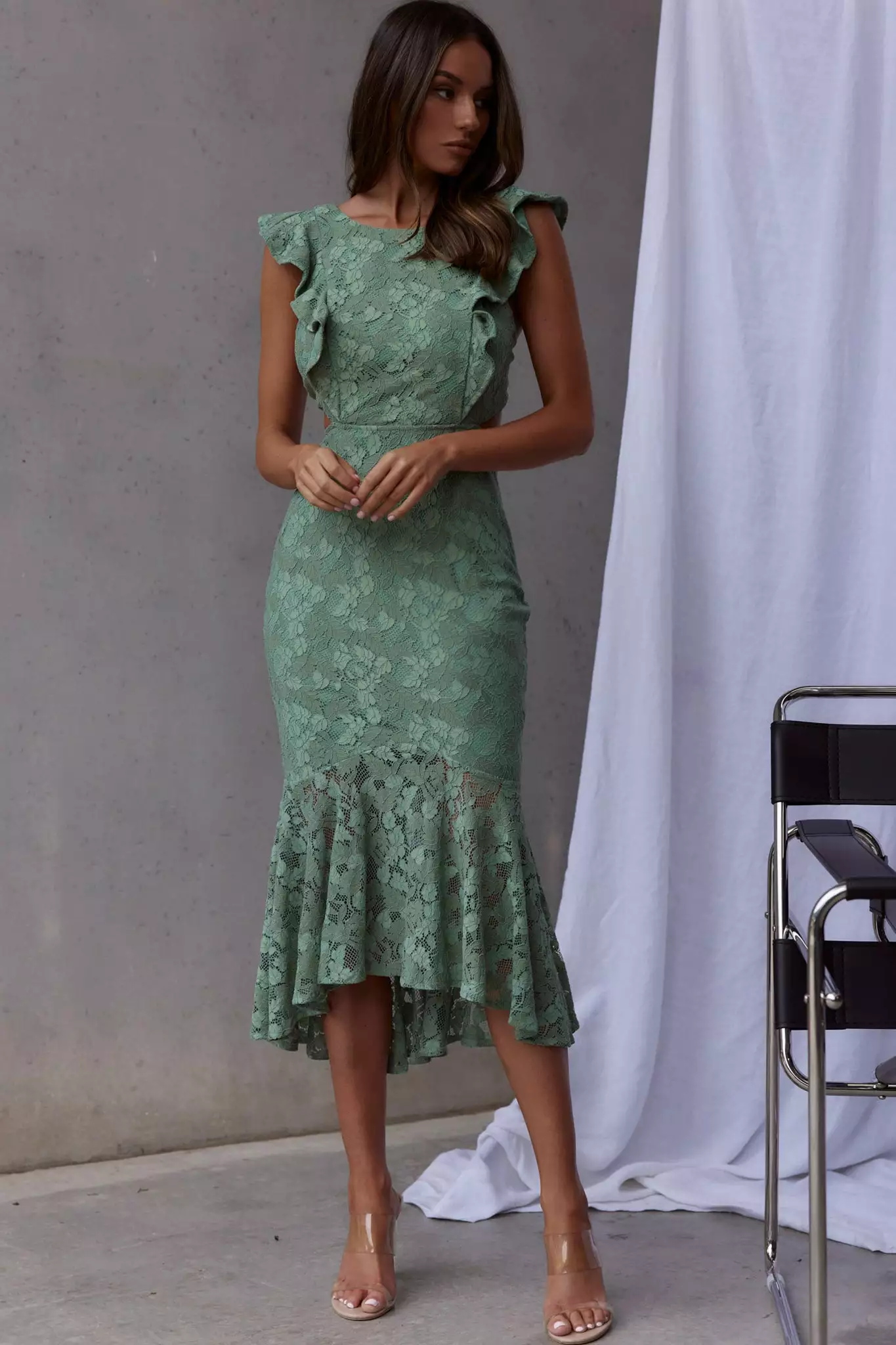 Selfie Leslie Jackie Pinafore Floral Lace Dress Avocado - Image 6