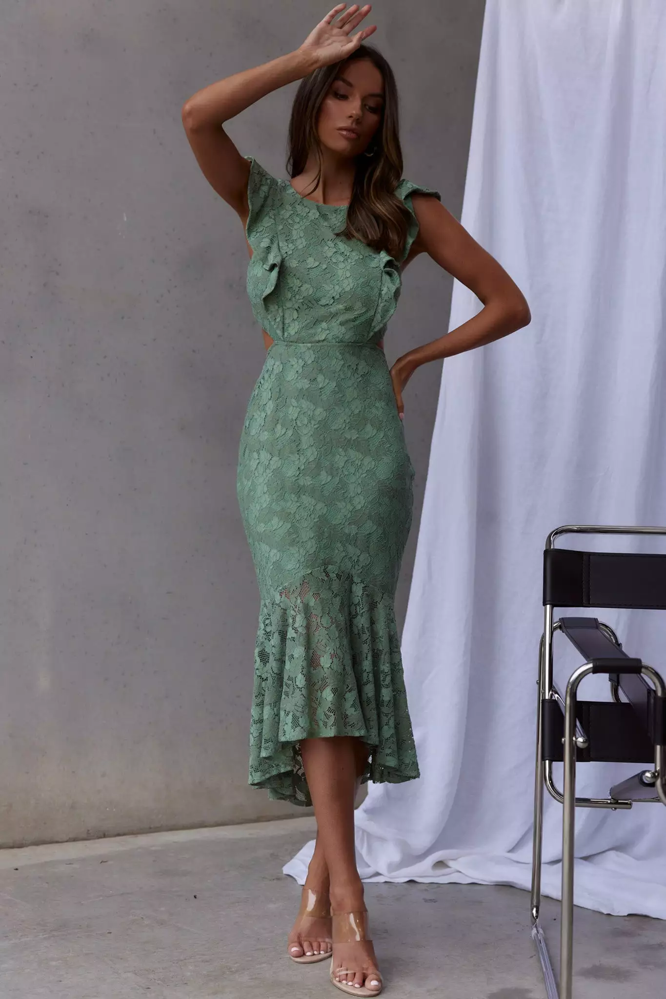 Selfie Leslie Jackie Pinafore Floral Lace Dress Avocado - Image 8