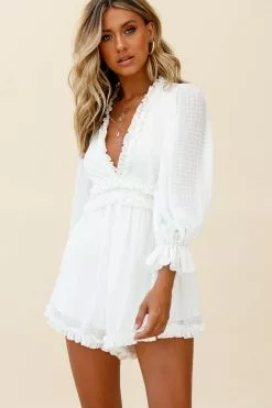 Selfie Leslie Laney Long Sleeve Frill Trim Romper White