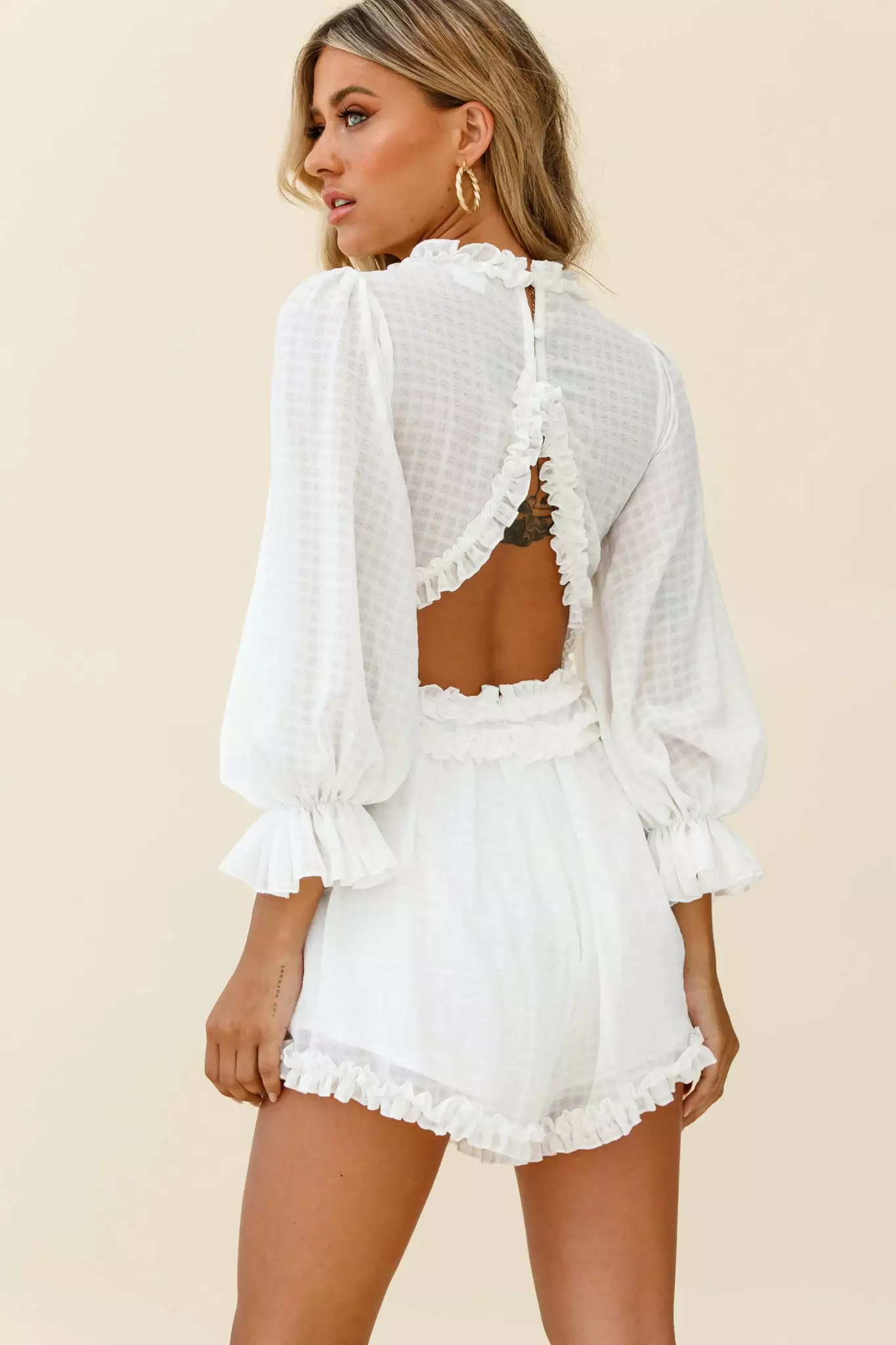 Selfie Leslie Laney Long Sleeve Frill Trim Romper White - Image 3