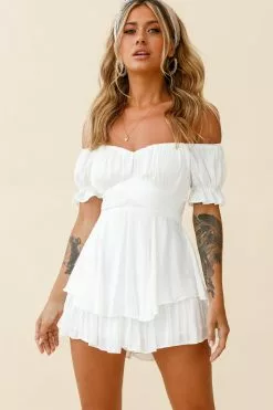 Selfie Leslie Linka Off-Shoulder Tie Back Romper White