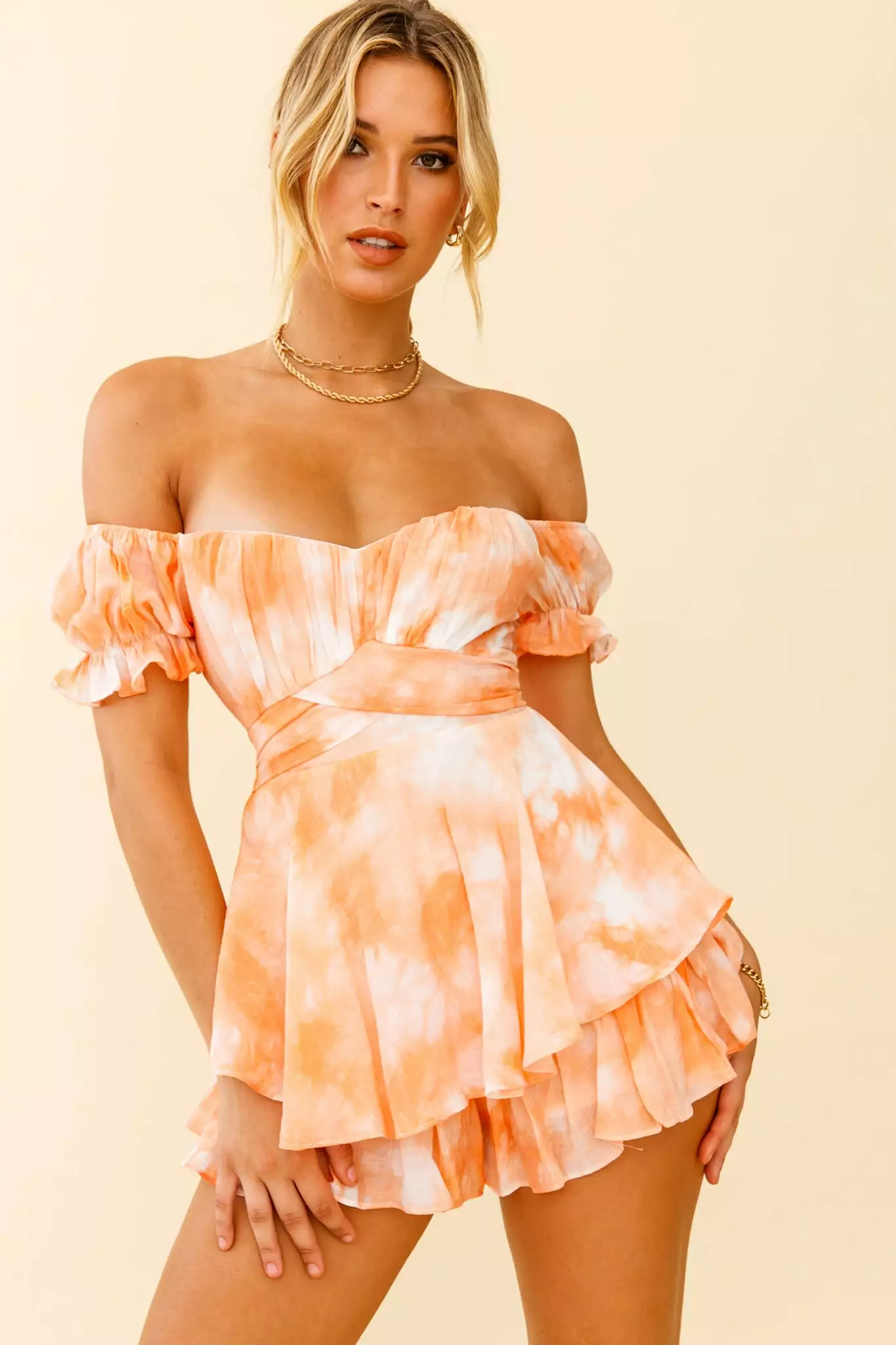 Selfie Leslie Linka Off-Shoulder Tie Back Romper Tie-Dye Orange - Image 8