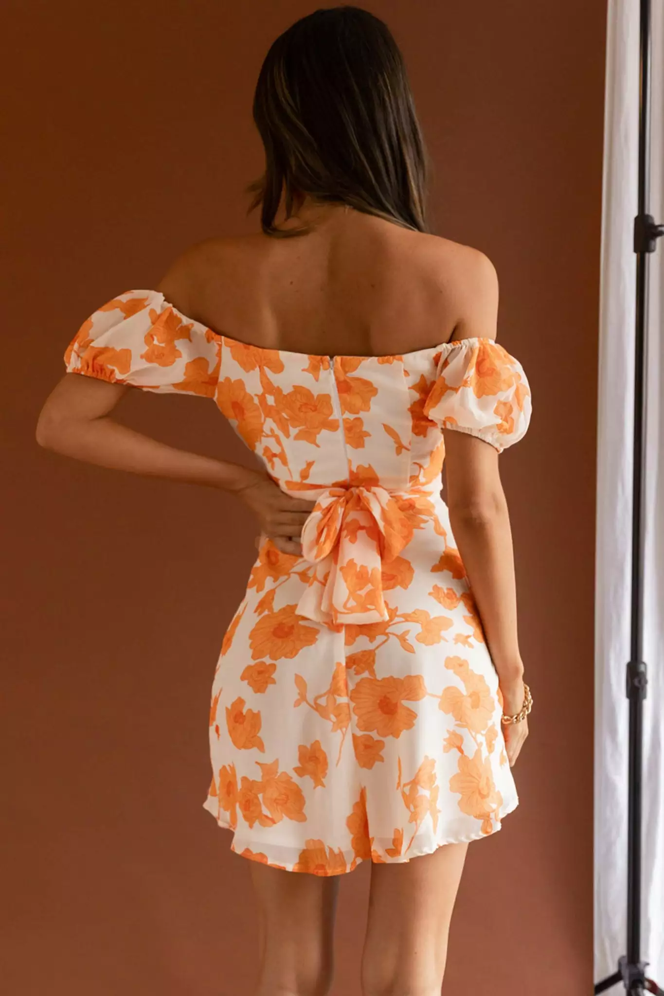 Selfie Leslie Linka Puff Sleeve Waist Tie Dress Floral Orange - Image 2