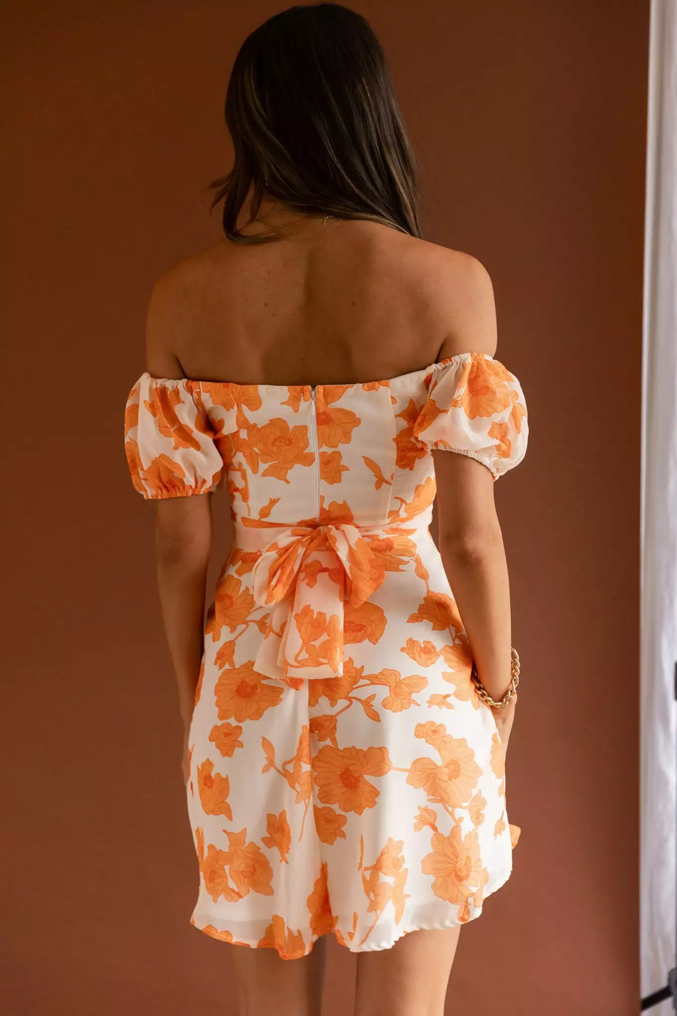 Selfie Leslie Linka Puff Sleeve Waist Tie Dress Floral Orange - Image 7