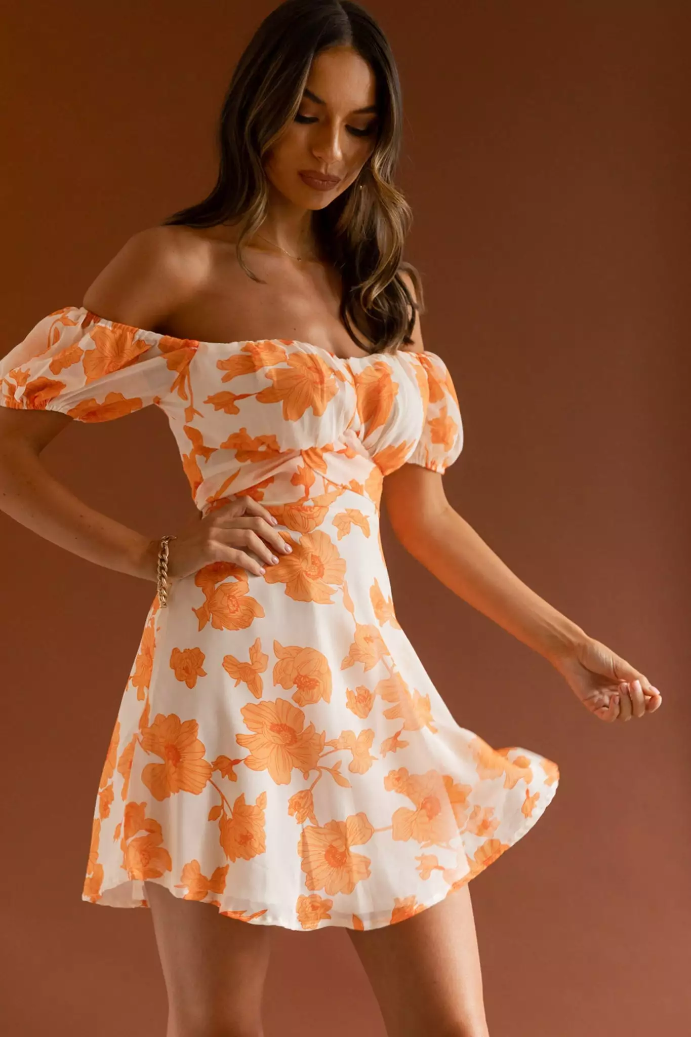 Selfie Leslie Linka Puff Sleeve Waist Tie Dress Floral Orange - Image 8