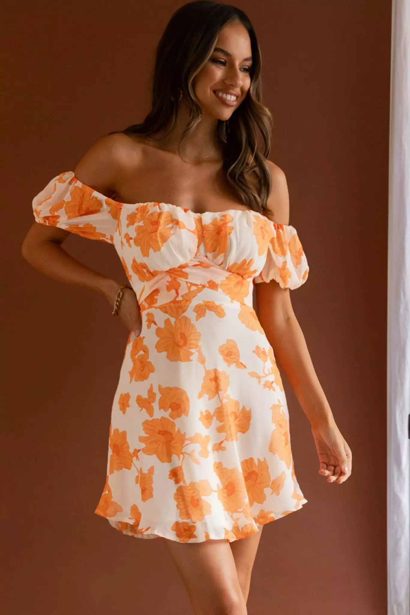 Selfie Leslie Linka Puff Sleeve Waist Tie Dress Floral Orange - Image 9