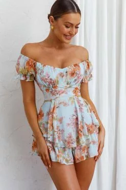 Selfie Leslie Linka Off-Shoulder Tie Back Romper Floral Blue