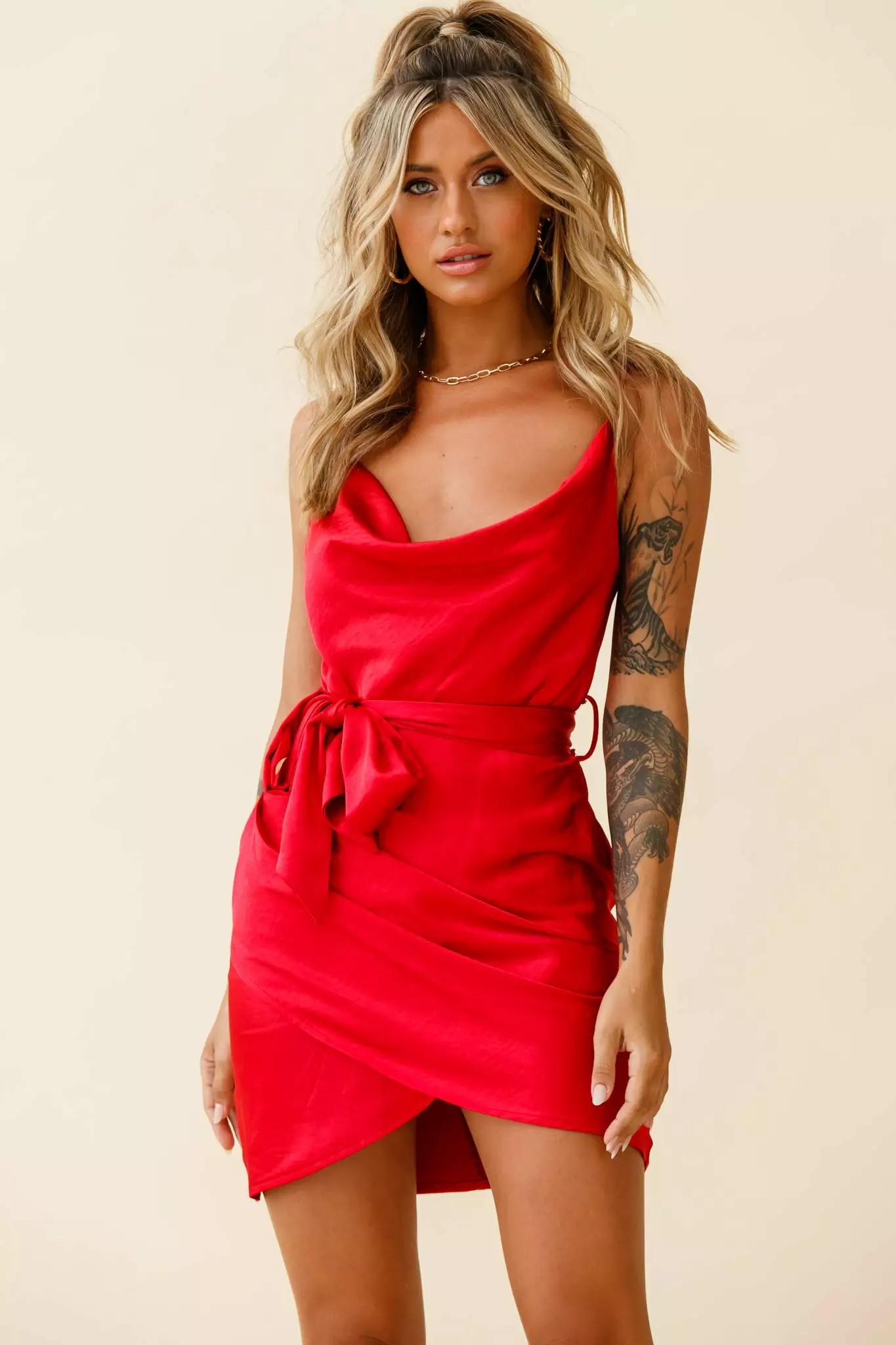 Selfie Leslie Bebe Satin Cowl Neck Wrap Dress Red - Image 6