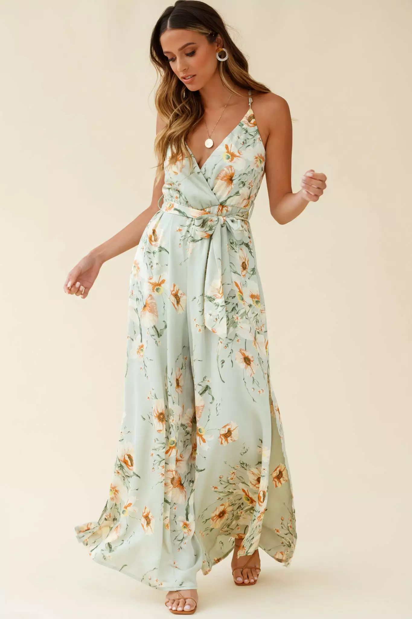 Selfie Leslie Miso Wide-Leg Cami Jumpsuit Poppy Print Pistachio