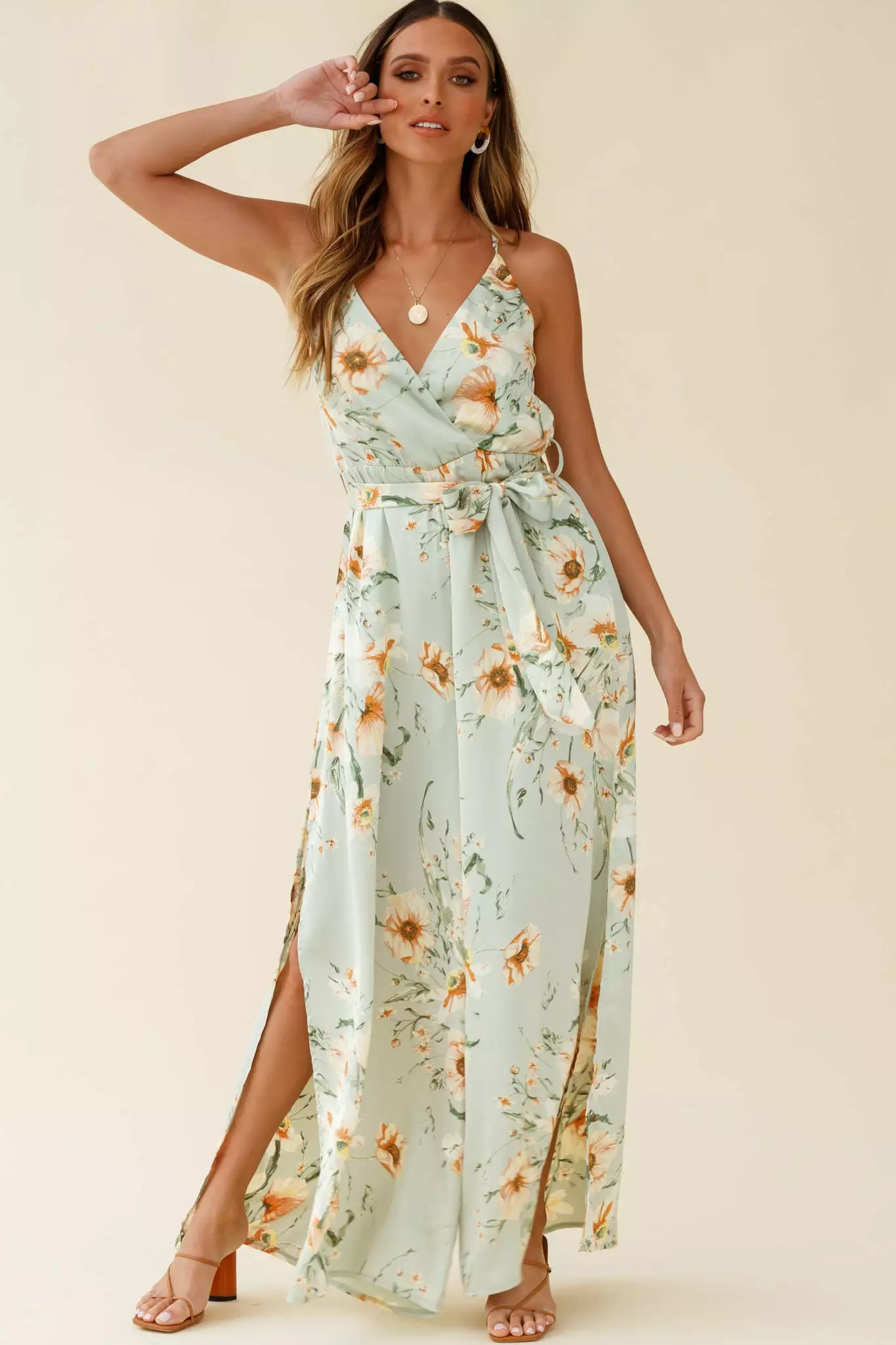 Selfie Leslie Miso Wide-Leg Cami Jumpsuit Poppy Print Pistachio - Image 6