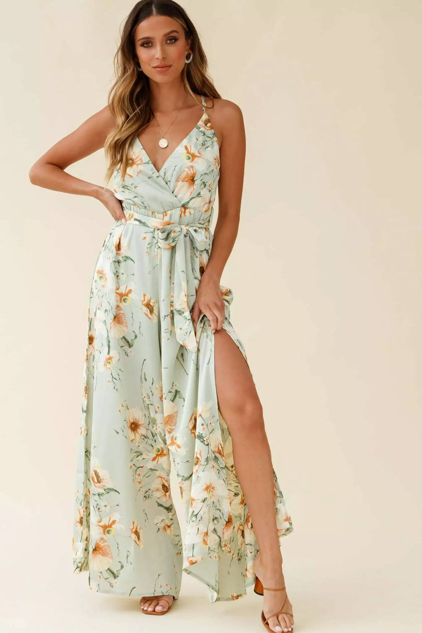 Selfie Leslie Miso Wide-Leg Cami Jumpsuit Poppy Print Pistachio - Image 5