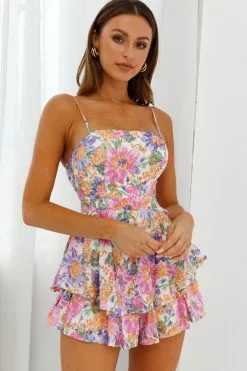 Selfie Leslie Alexandria Square Neckline Tie Back Romper Flower Print White Multi