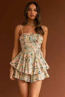 Angel Biba Alexandria Square Neckline Tie Back Romper Vintage Floral Yellow