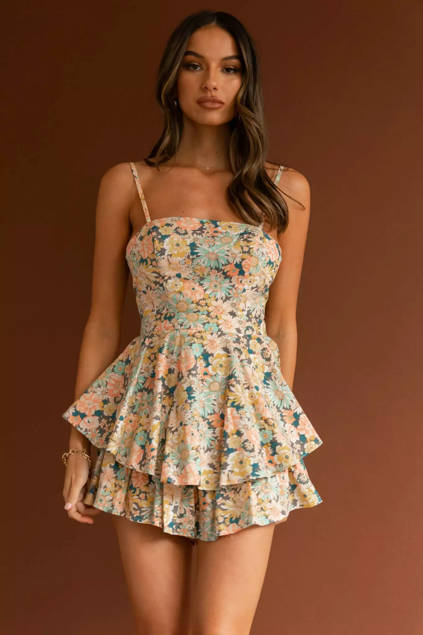 Angel Biba Alexandria Square Neckline Tie Back Romper Vintage Floral Yellow