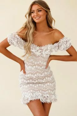 Selfie Leslie Bobby Bardot Neckline Floral Lace Overlay Dress Beige