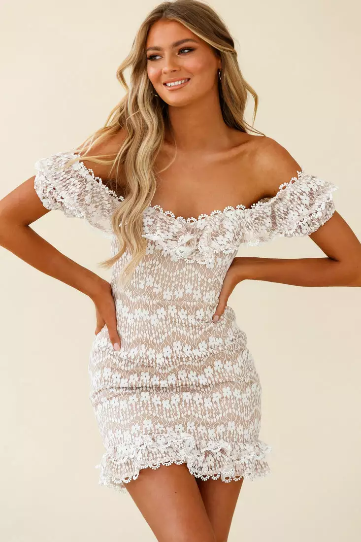 Selfie Leslie Bobby Bardot Neckline Floral Lace Overlay Dress Beige