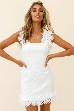 Selfie Leslie Ryan Eyelet Embroidery Ruffle Shoulder Dress White