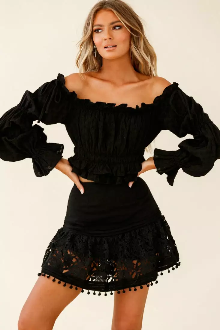 Selfie Leslie Adrielle Lace Detail Fluted Hem Mini Skirt Black - Image 4