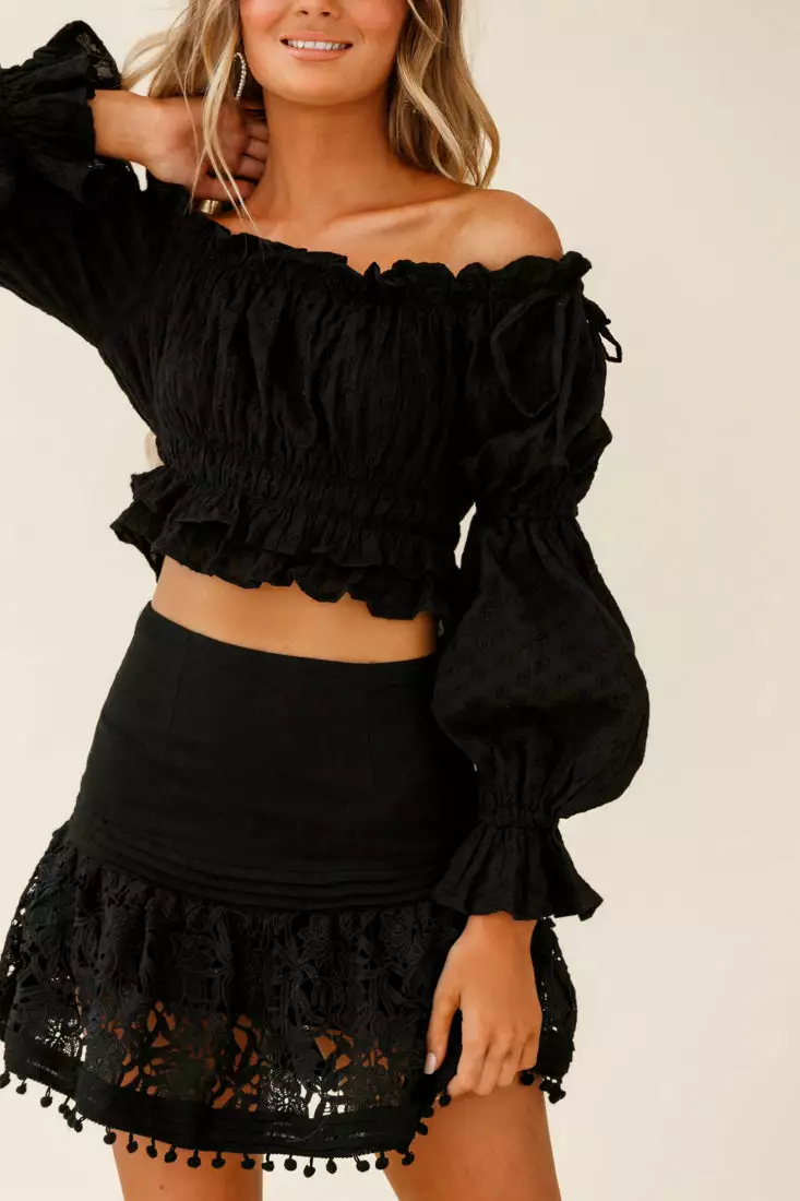 Selfie Leslie Adrielle Lace Detail Fluted Hem Mini Skirt Black - Image 6