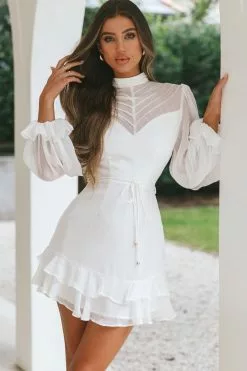 Selfie Leslie Lark High Neck Balloon Sleeve Dress White