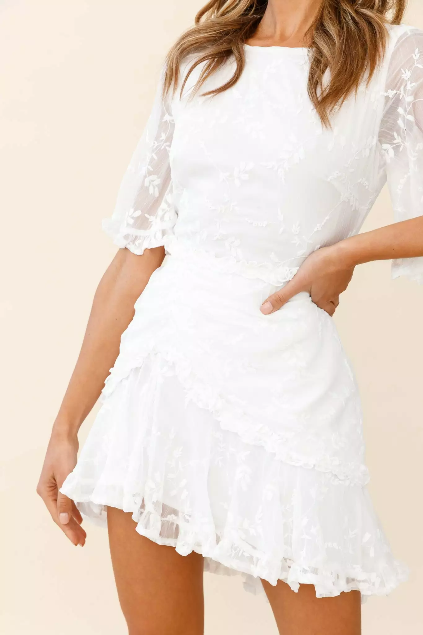 Selfie Leslie Leona Half Sleeve Frill Trim Dress Leaf Embroidered White - Image 4