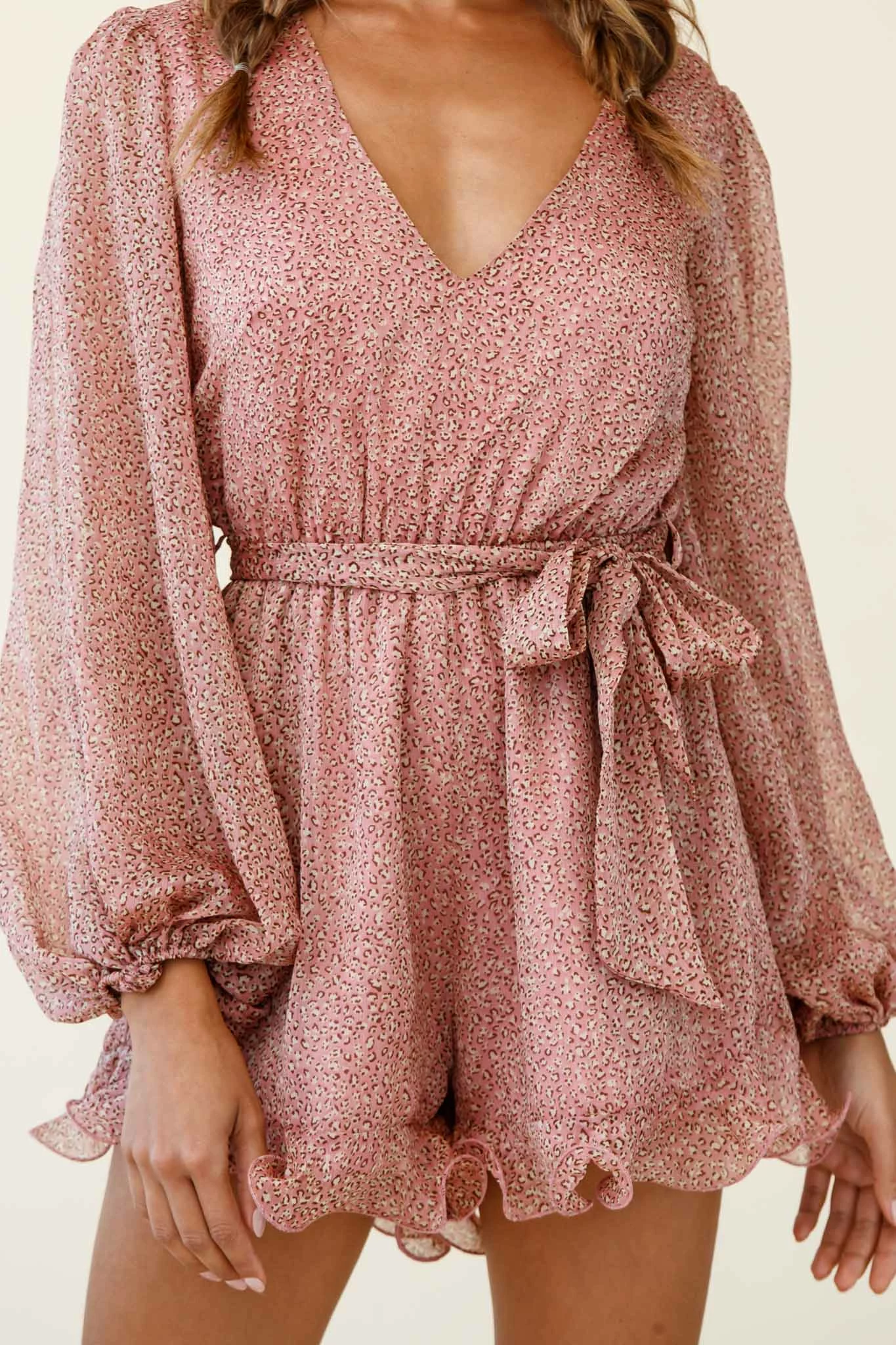 Hilda Long Sleeve Waist Tie Romper Leopard Print Blush - Image 6