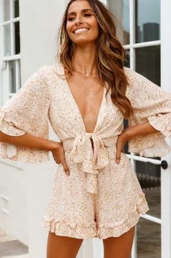 Selfie Leslie Athira Tied Bust Flared Sleeve Frill Romper Floral Print Yellow
