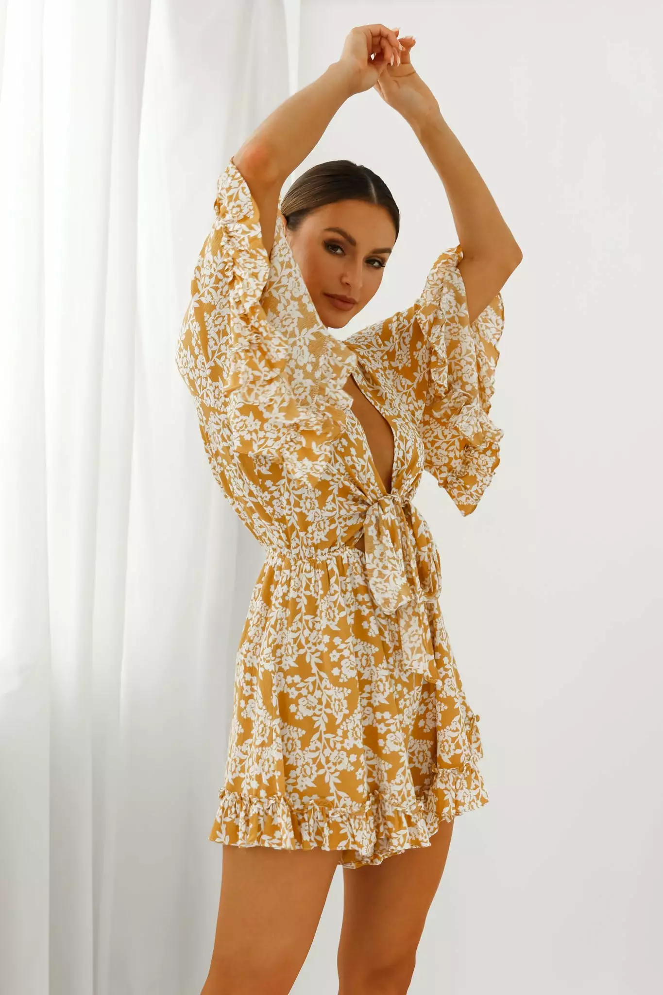 Selfie Leslie Athira Tied Bust Flared Sleeve Floral Stencil Print Romper Yellow - Image 8