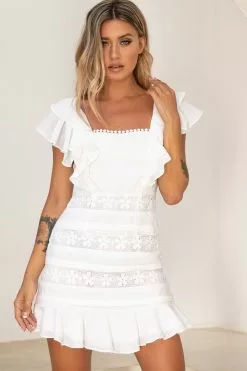 Selfie Leslie Good Graces Ruffle Shoulder Crochet Insert Dress White