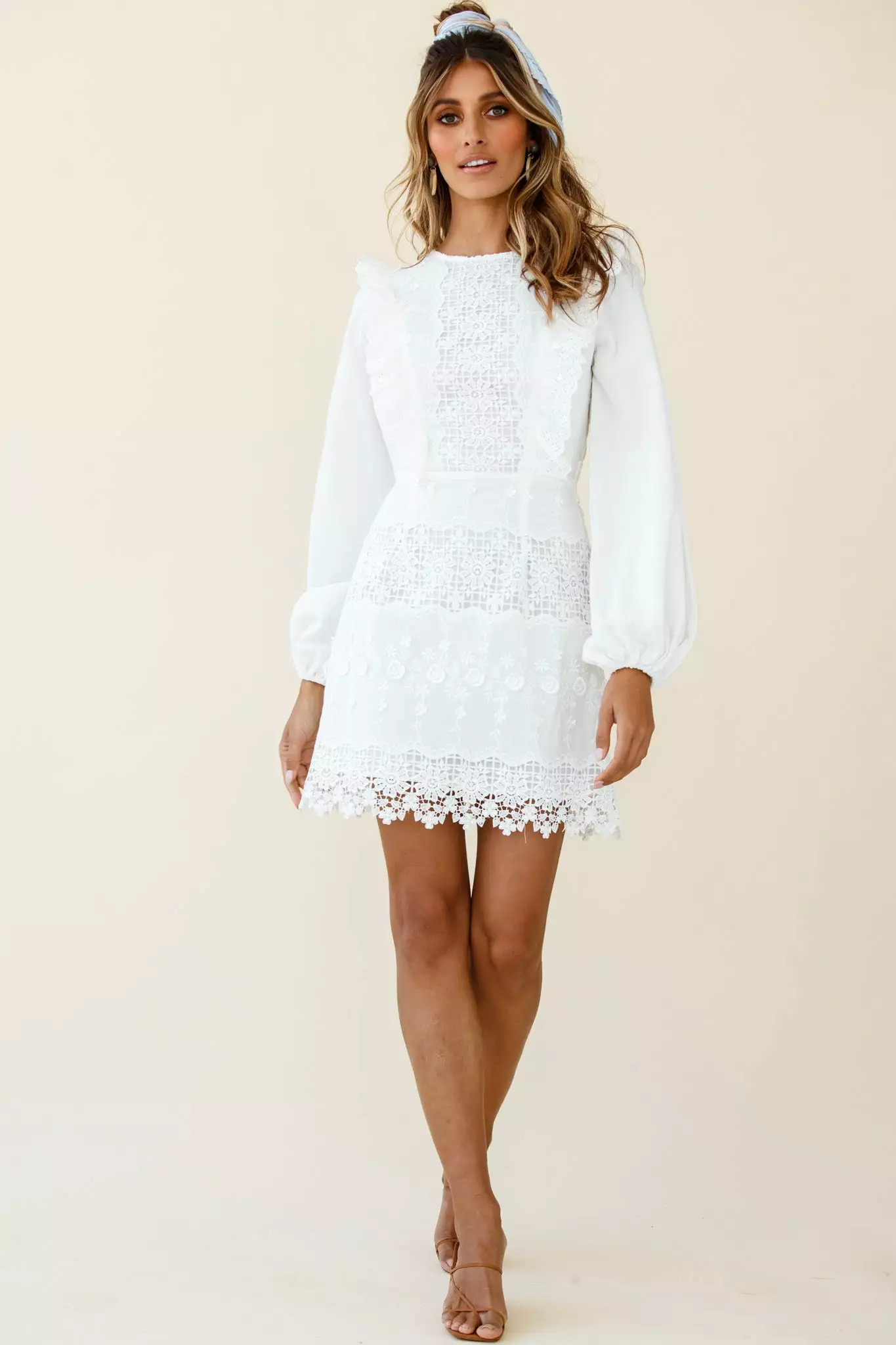 Gracious Long Sleeve Floral Lace Accent Dress White - Image 6