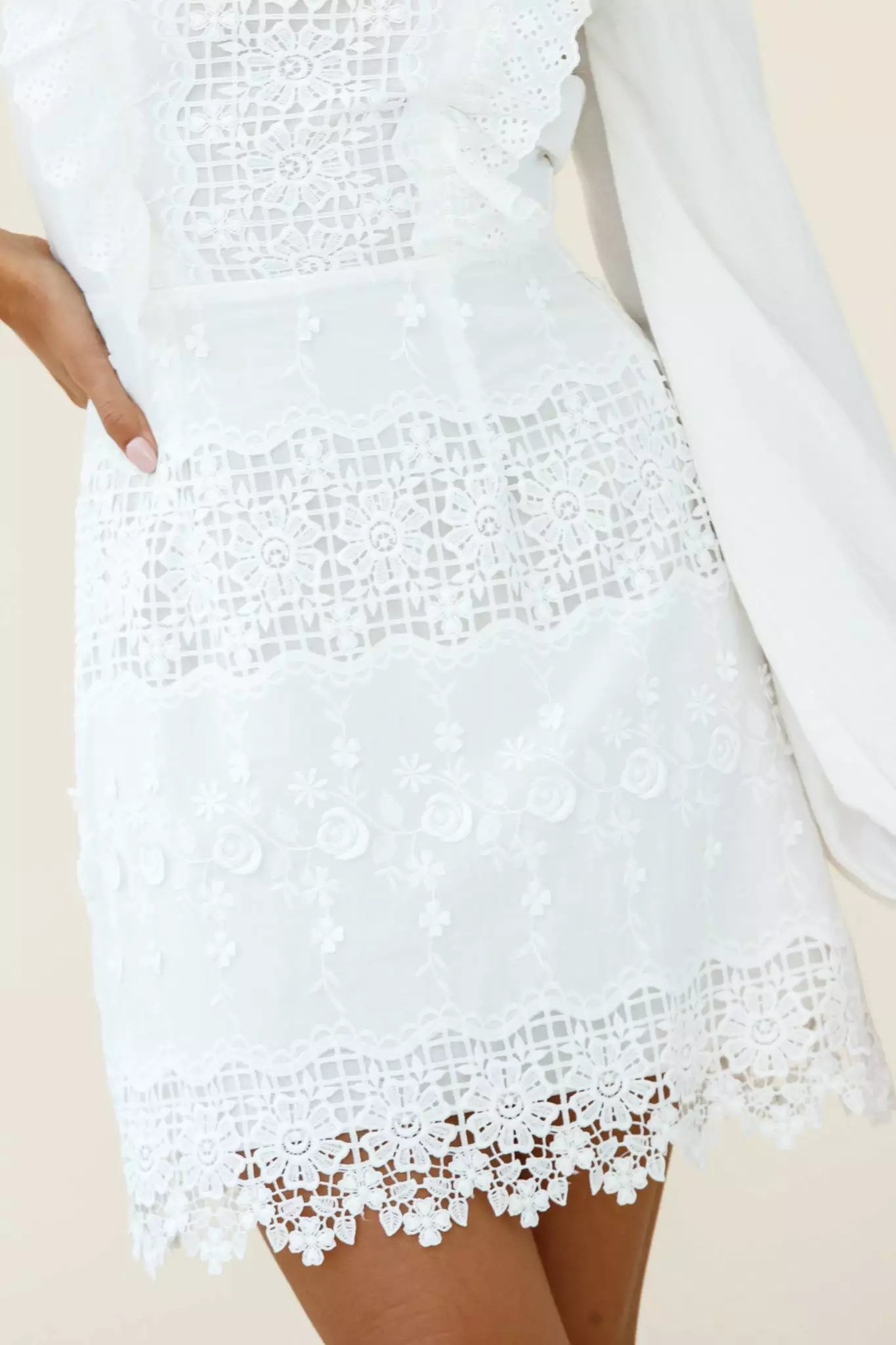 Gracious Long Sleeve Floral Lace Accent Dress White - Image 7