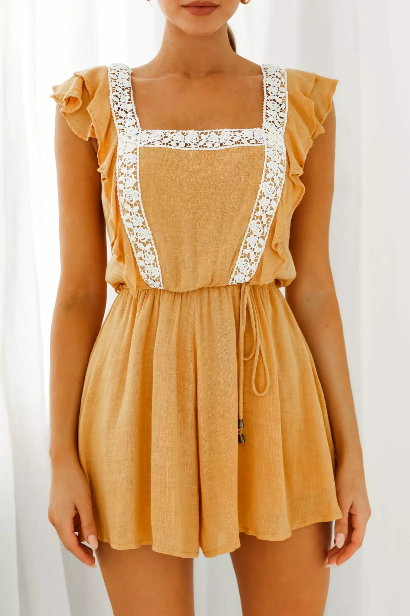 Selfie Leslie Meet Again Crochet Lace Trim Tie-Up Back Romper Mustard - Image 4