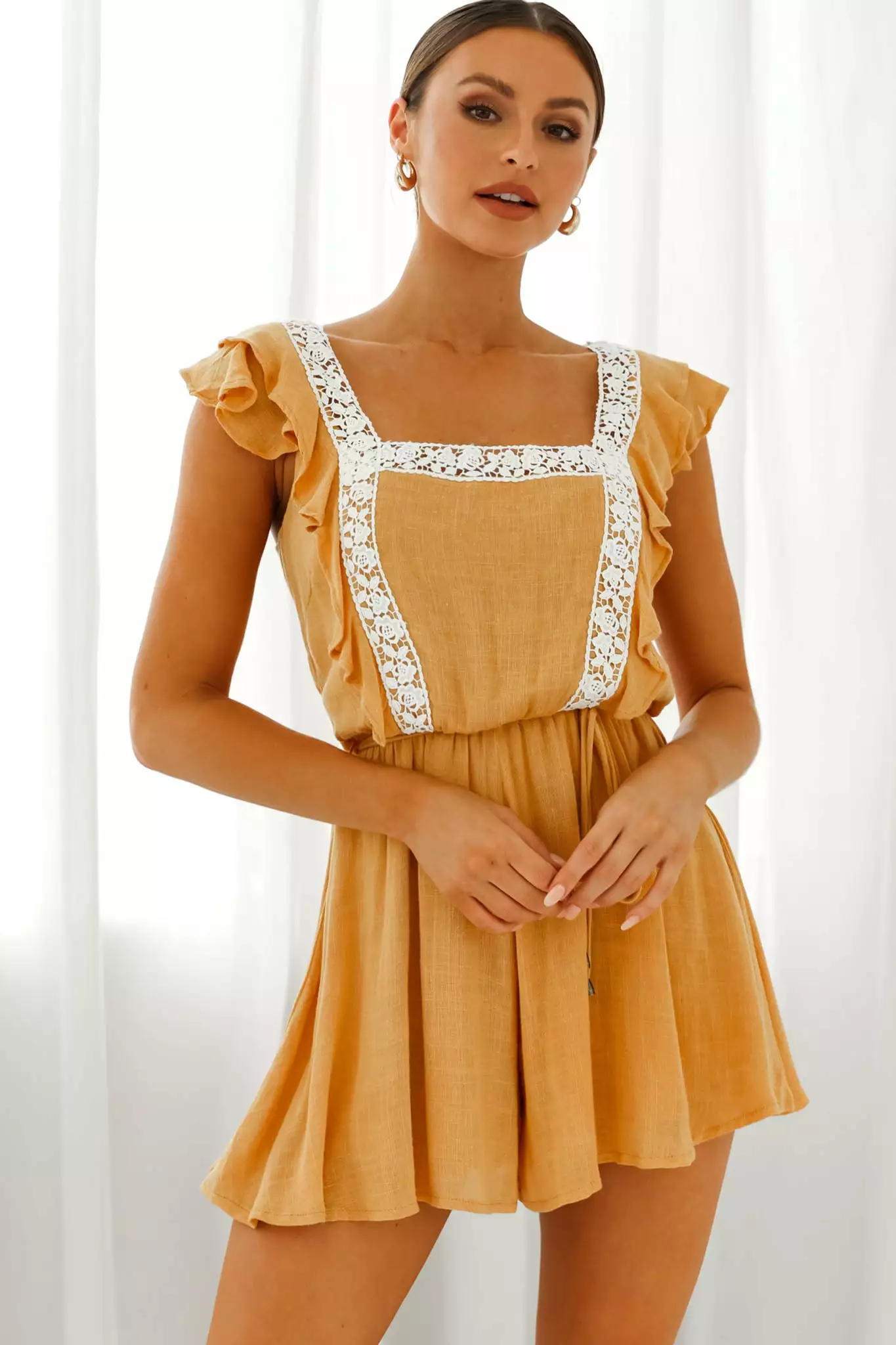 Selfie Leslie Meet Again Crochet Lace Trim Tie-Up Back Romper Mustard - Image 5