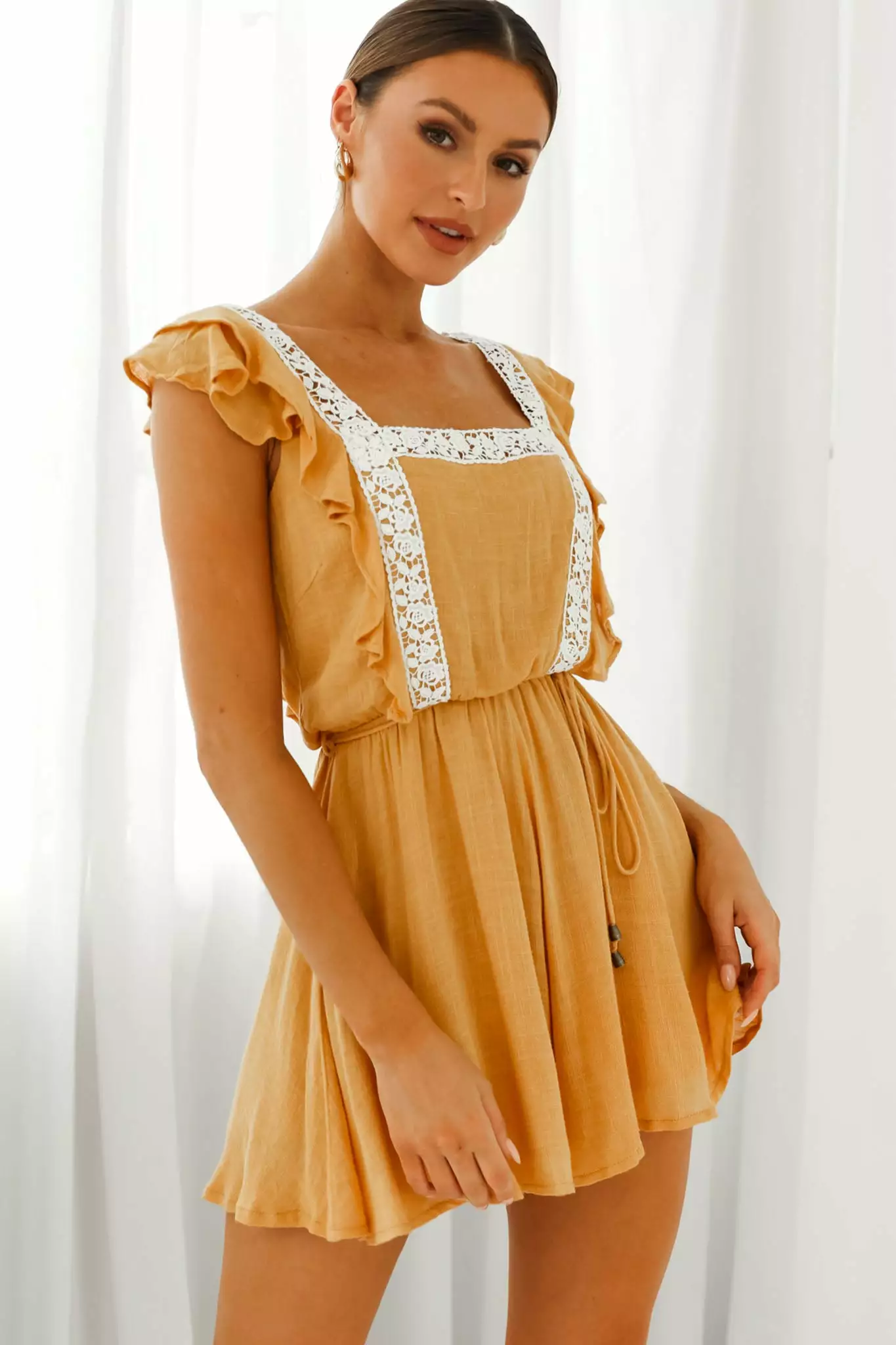 Selfie Leslie Meet Again Crochet Lace Trim Tie-Up Back Romper Mustard - Image 7