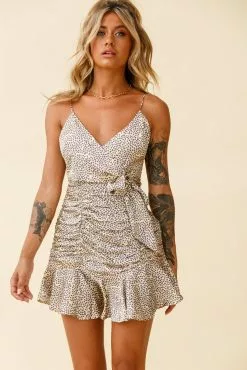 Selfie Leslie Reckless Love Ruched Detail Side Tie Dress Leaf Print Yellow/Purple