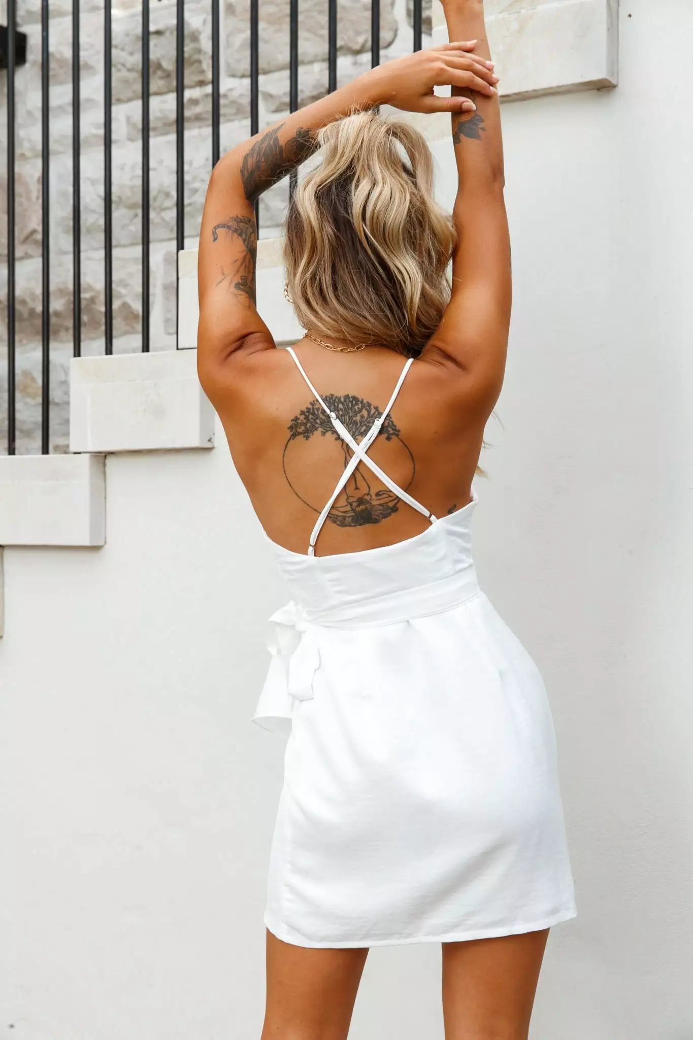 Selfie Leslie Medellin Gathered Detail Side-Tie Wrap Dress White - Image 3