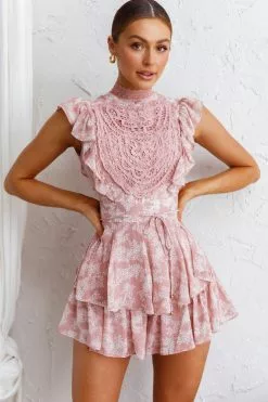 Selfie Leslie Nellie Lace Bust High Neck Romper Floral Blush