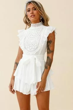 Selfie Leslie Nellie Lace Bust High Neck Romper White