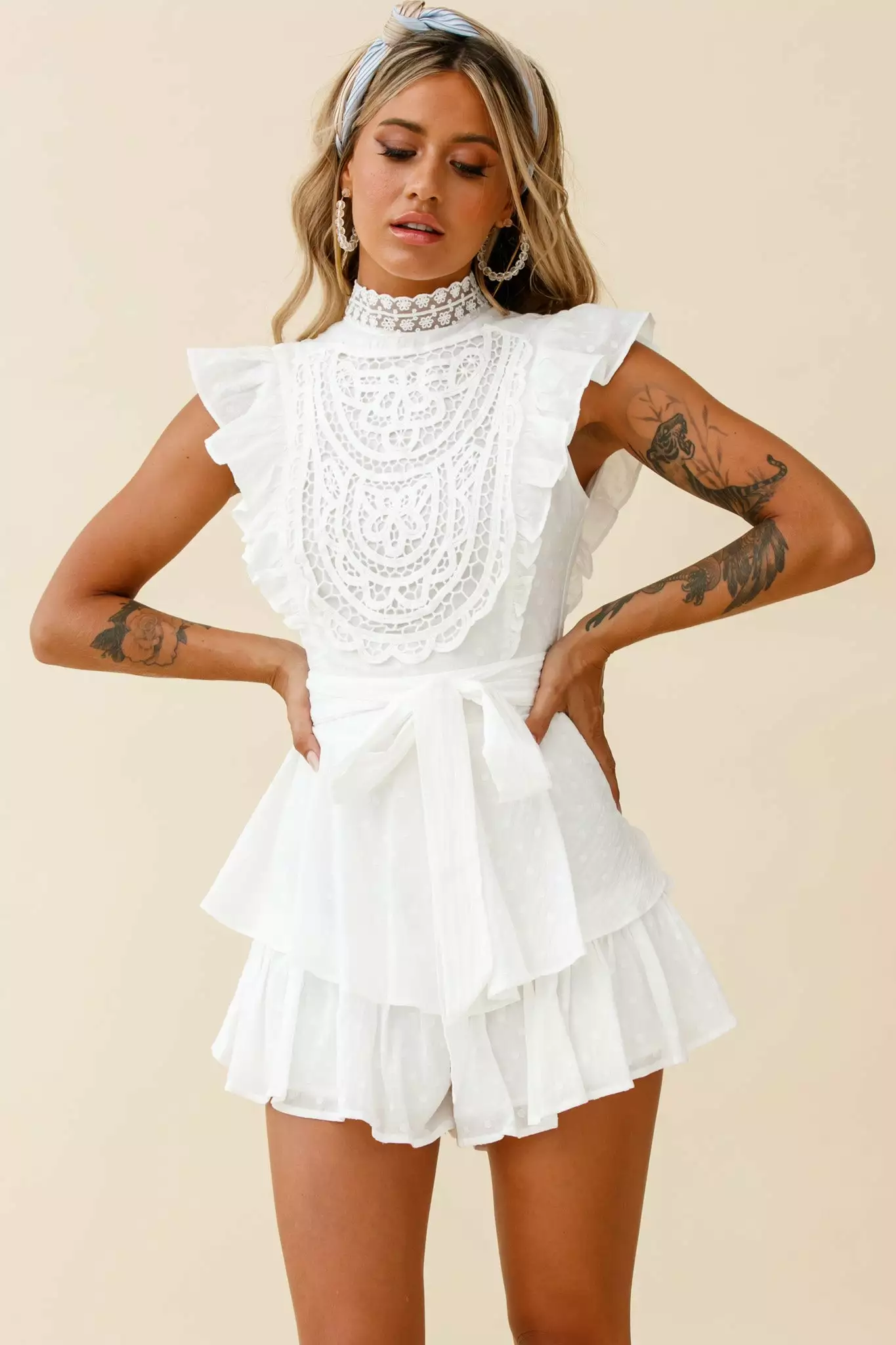 Selfie Leslie Nellie Lace Bust High Neck Romper White - Image 6