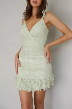 Angel Biba Kaley Ruched Side Layered Frill Hem Lace Mini Dress Sage