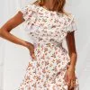 Selfie Leslie Hello Sunshine Lace Trim Ruffle Shoulder Dress Floral Print White/Orange